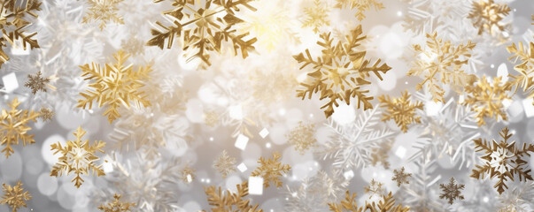 white winter snow snowflake gold christmas decoration abstract holiday background decor. Generative AI.