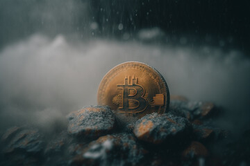 une pièce de bitcoin dans la brume génère par ia