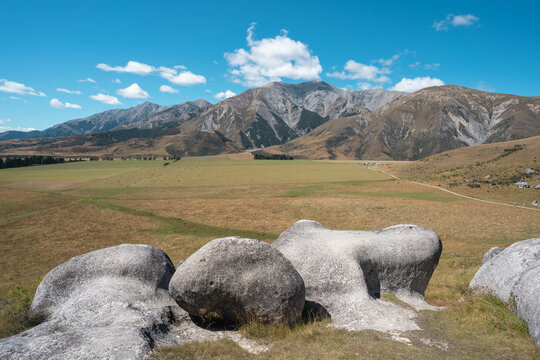 Scenic of Castle Hill from Kura Tawhiti (Castle Hill Conservation Area). State Highway 73 route between Darfield and Arthur's Pass. South island, New Zealand