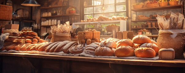 Old cozy bakery with assortment of bread. panorama photo