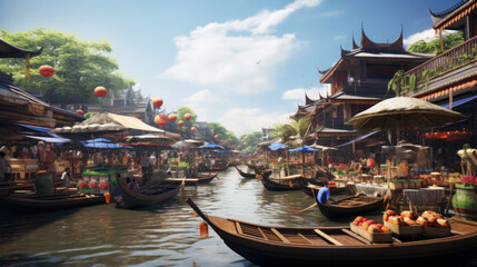 Fototapeta premium Aerial view famous asian floating market, Farmer go to sell organic products, fruits, vegetables and Thai cuisine, Tourists visiting by boat