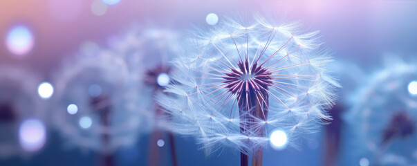 Fototapeta premium Beautiful dew drops on dandelion plant, blue violet color background.