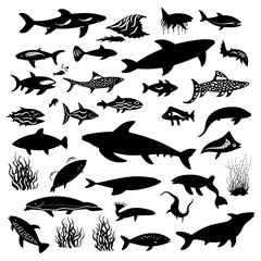 Fototapeta premium Big set of black white silhouette isolated sea ocean north animals. Doodle vector whale, dolphin, shark, stingray, jellyfish, fish, stars, crab, Vector Illustration.