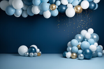 Background for studio photography, liht blue background, blue white and beige baloons at the top.
