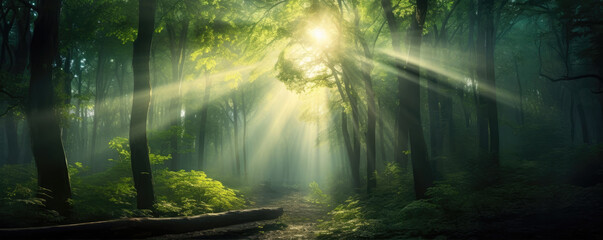 Beautiful rays of sun light in green magic forest. copy space for text.