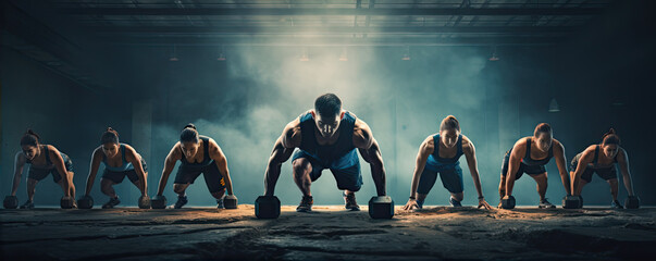 Group of men and women doing workouts in fitnes center. wide banner