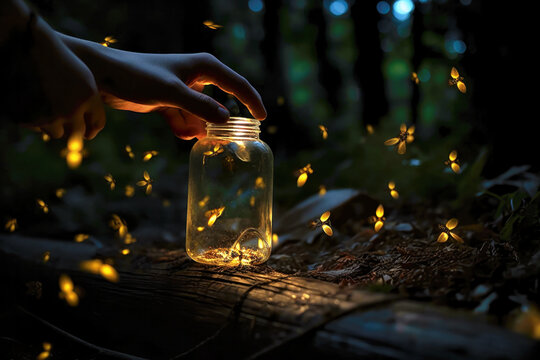 Opening a jar to release fireflies into the forest (Generative AI)