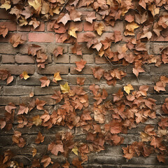 Photo shoot, highly detailed brick background, grey mortar joints, grunge, falling green foilage, dry brown leaves on ground.