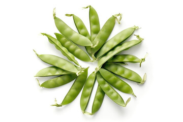 A visually stunning top view image of fresh snow peas on a clean white background, celebrating their crisp delight. Generative AI