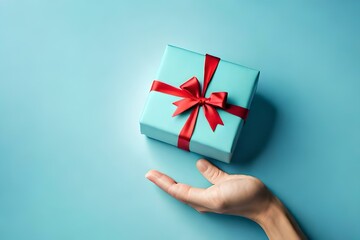 top view Hand holding gift box on pastel blue background. give a special gift