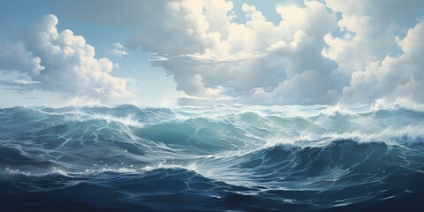 Fototapeta premium AI Generated. AI Generative. Outdoor nature navy nautical marine landscape with waves water sea ocean and sky clouds. Decoration background. Graphic Art