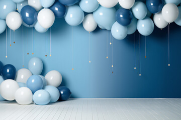 background for studio photography, liht blue background, blue white and beige baloons at the top, With space for text or products.