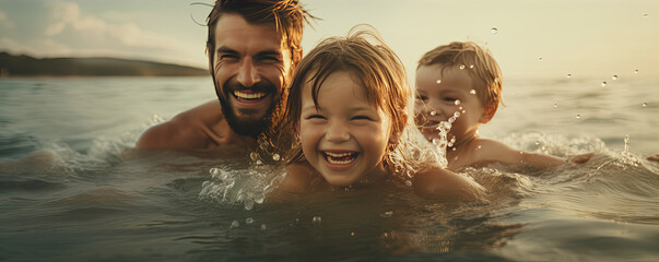 Happy familly having fun and smile in water sea waves. - obrazy, fototapety, plakaty
