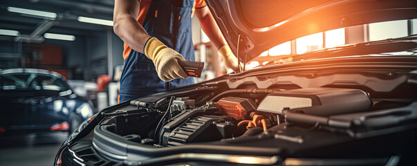 Obraz premium Car mechanic hands working on broken engine.