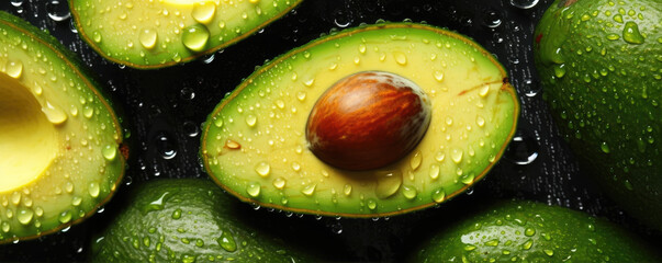 Avocado pattern with water drops, wide banner