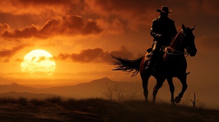 Obraz na płótnie Canvas Silhouette of a cowboy riding a horse during sunset.