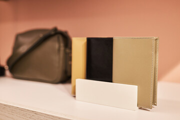Background image of graphic designer purse on shelf in store, copy space