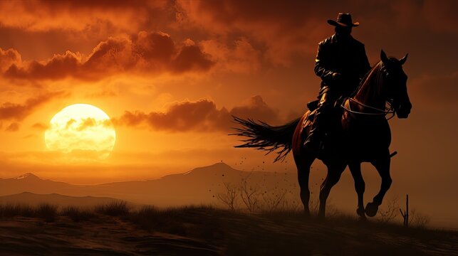 Silhouette of a cowboy riding a horse during sunset.