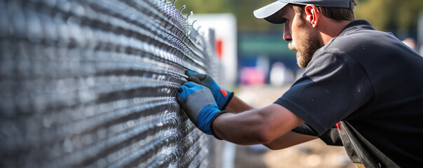 Worker fastening or repair metal mesh fence with hands. - obrazy, fototapety, plakaty