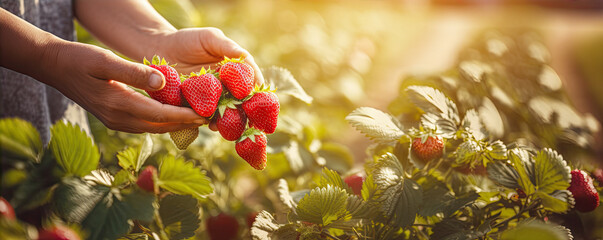 Strawberries with hands, copy space for text. - obrazy, fototapety, plakaty