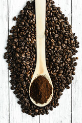 ground coffee in a wooden spoon on a slide of medium-roasted coffee beans on a light background