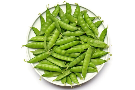 A visually stunning top view image of fresh snow peas on a clean white background, celebrating their crisp delight. Generative AI
