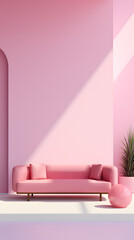 Minimalist modern retro barbiecore living room interior design with pink couch and natural light