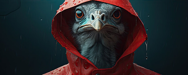 Red ostrich portrait is wearing a raincoat or suit on dark background.  copy space for text