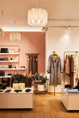 Vertical background image of empty clothing boutique interior in elegant pink colors, copy space