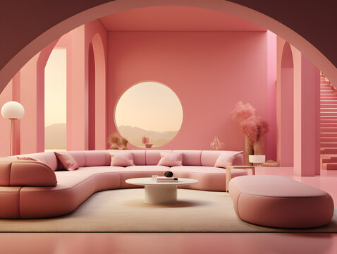 Minimalist modern retro barbiecore living room interior design with pink couch, windows and natural light