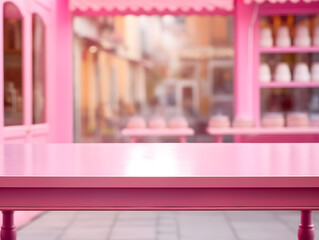 Empty pink table for product display with blurred cafe background and natural light