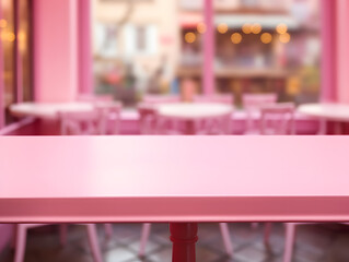 Empty pink table for product showcase with blurred cafe background and natural light