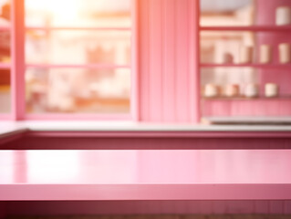 Empty pink wooden table for product display with blurred cafe background and natural light
