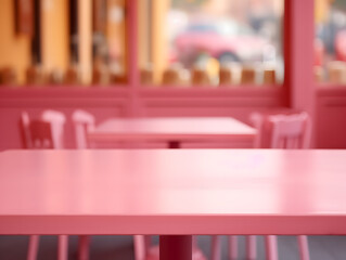 Empty pink wooden table for product showcase with blurred cafe background and natural light