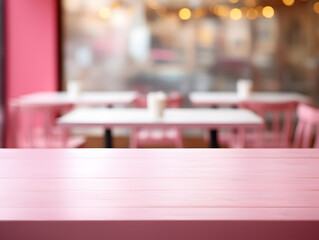 Empty pink wooden table for product display with blurred cafe background and natural light