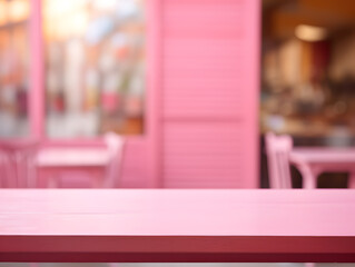 Empty light pink wooden table for product display with blurred cafe background and natural light