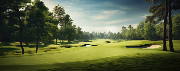 golf field with green grass and sand. panorama photo, copy space for text