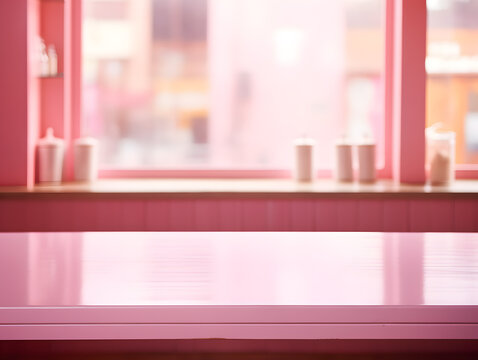 Empty pink wooden table for product display with blurred cafe background and natural light