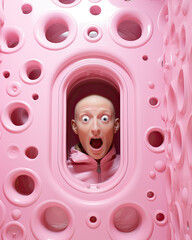 A Man's Head Appearing Through a Hole in a Pink Wall-Pink Surrealism