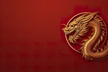 Golden dragon on red background for Chinese New Year. 3D rendering, logo for brand, brand logo, cryptocurrency logo, thin lines, red background