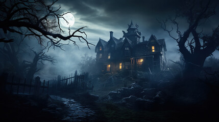 Fototapeta na wymiar Photo of A spooky haunted house, shrouded in mist and illuminated by eerie moonlight, sends shivers down your spine,halloween