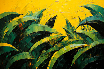 Contemporary art, oil painting in impressionism style: green leaves of a tropical plant on a yellow background. Poster.