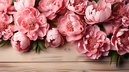 Summer flowers pink peonies on a brown wooden background. Flat lay, copy space.