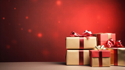 Golgen gift boxes with ribbon and copy space