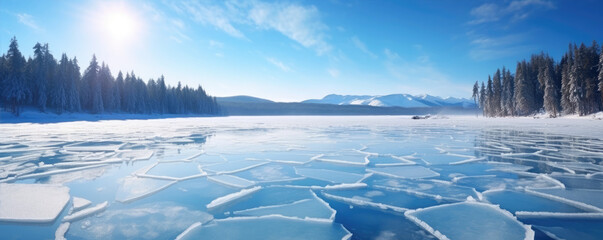 Blue ice and cracks on the surface on frozen river. panorama photo - obrazy, fototapety, plakaty