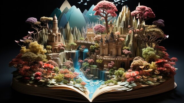 Generative AI  fantasy surrealism book, fantasy children book, book with 3d animation of fantasy fairy tales, fantasy world book , fantasy story 3d book 