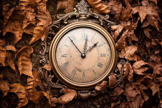 Old decorated clock among autumn leaves, generative ai.