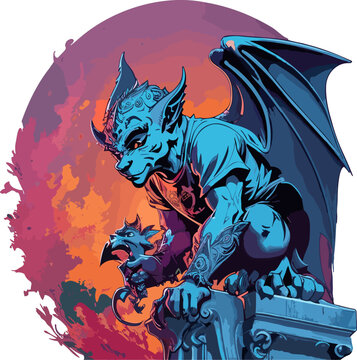 Gargoyle Horror Fantasy Teufel Monster D&auml;mon Nacht Mond Silhuette Vektor Statue Mittelalter Kirche Architektur, Bildhauer