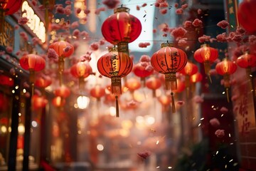 Chinese lunar new year celebration. China town defocused background, Mid Autumn festival with colorful lights - obrazy, fototapety, plakaty