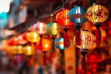 Chinese lunar new year celebration. China town defocused background, Mid Autumn festival with colorful lights - obrazy, fototapety, plakaty